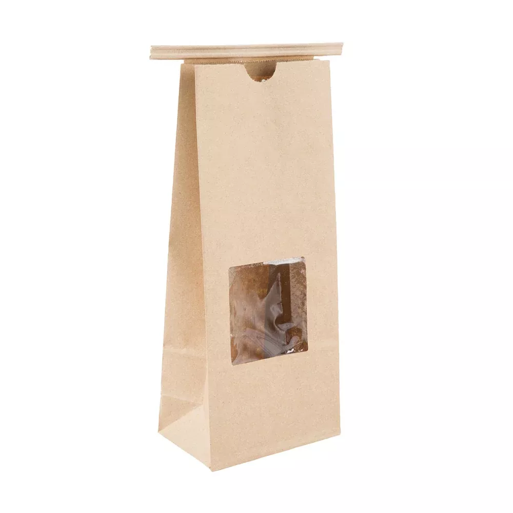 1 lb. Natural Kraft Resealable WINDOW Coffee Bag with Ties