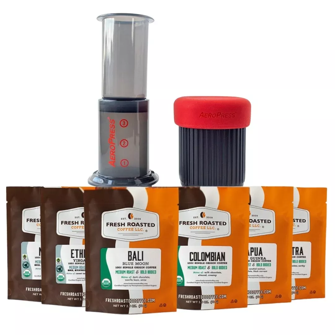 Aeropress Go + Organic Single-Origin Medium Roast Six-Pack – Coffee Gift Set