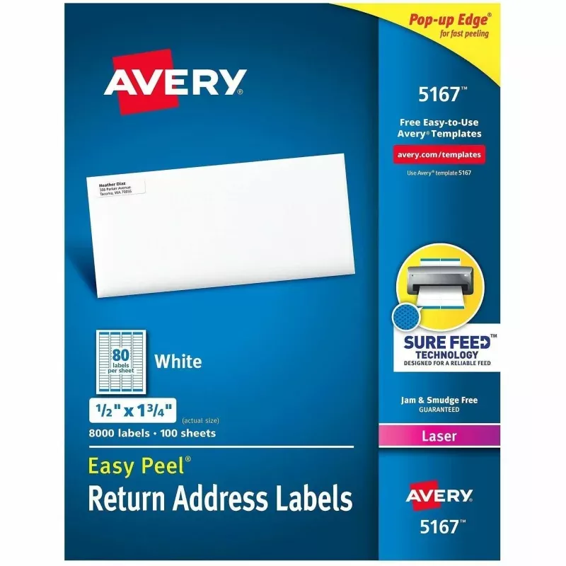 Avery Easy Peel Return Address Labels, 1/2x1-3/4 8,000 Labels (5167)