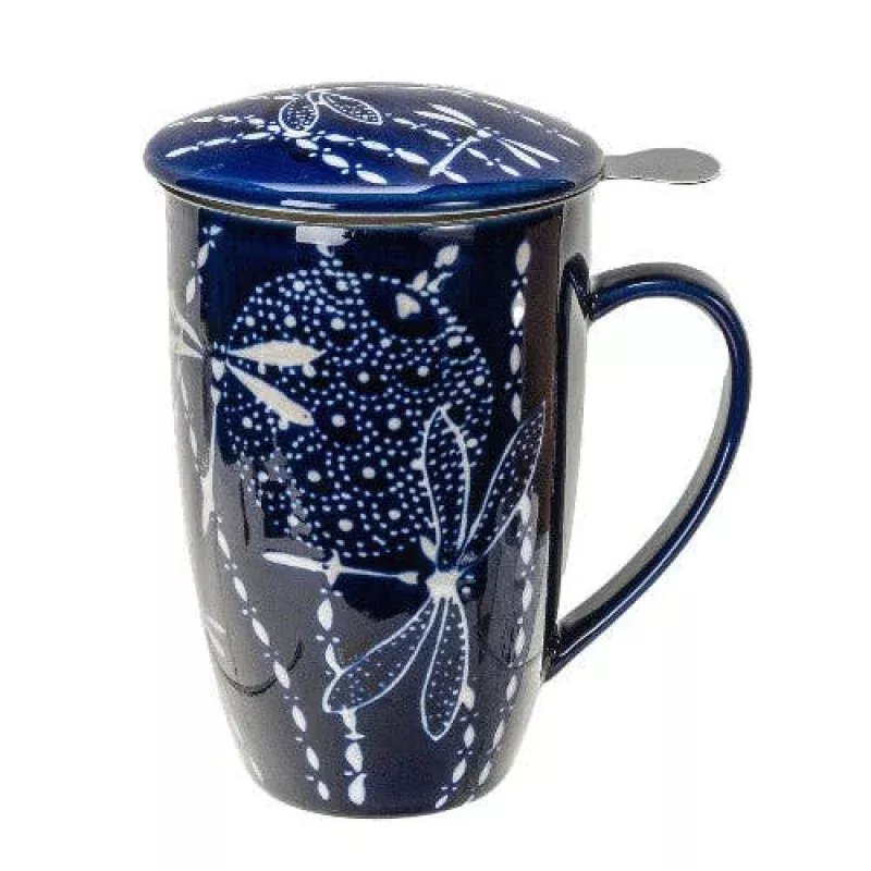 DRAGONFLY DESIGN 15OZ TEA MUGS WITH LID AND INFUSER FOR LOOSE LEAF TEA (4/32)