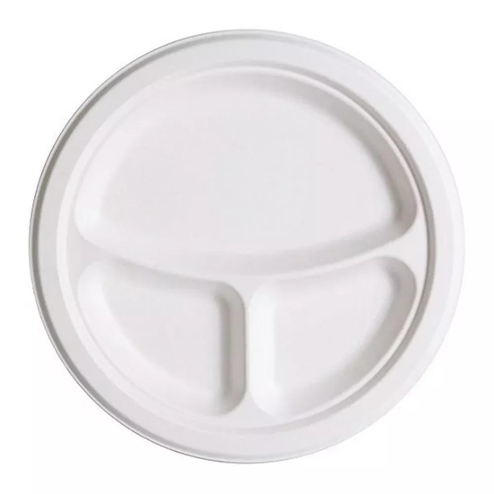Eco-Products 9″ 3-Compartment Compostable Sugarcane Plates