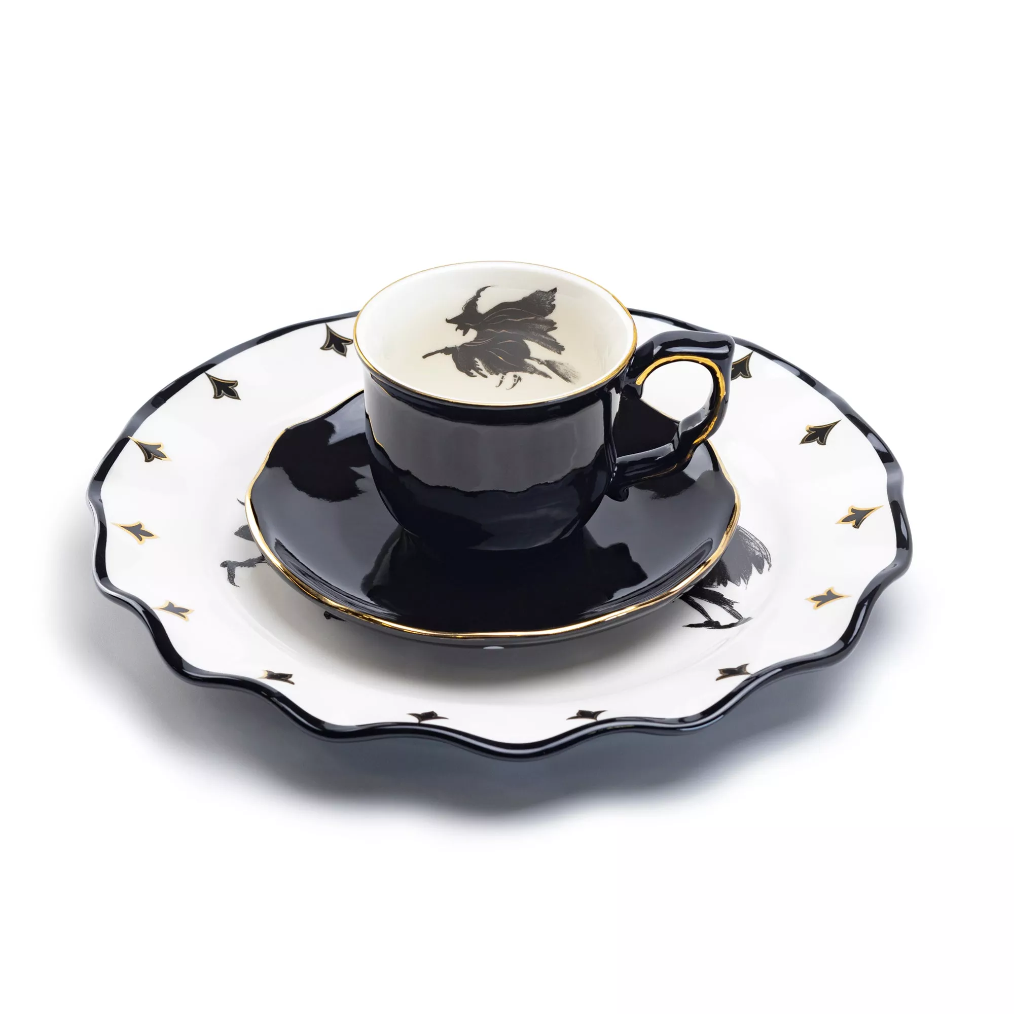 Flying Witch Black Gold Tea Cup and Saucer + Witches Brew Serving Platter Set