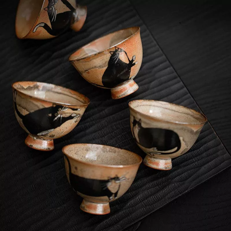 Gohobi Handmade Black Ink Hand-painted Cat Tea Cup