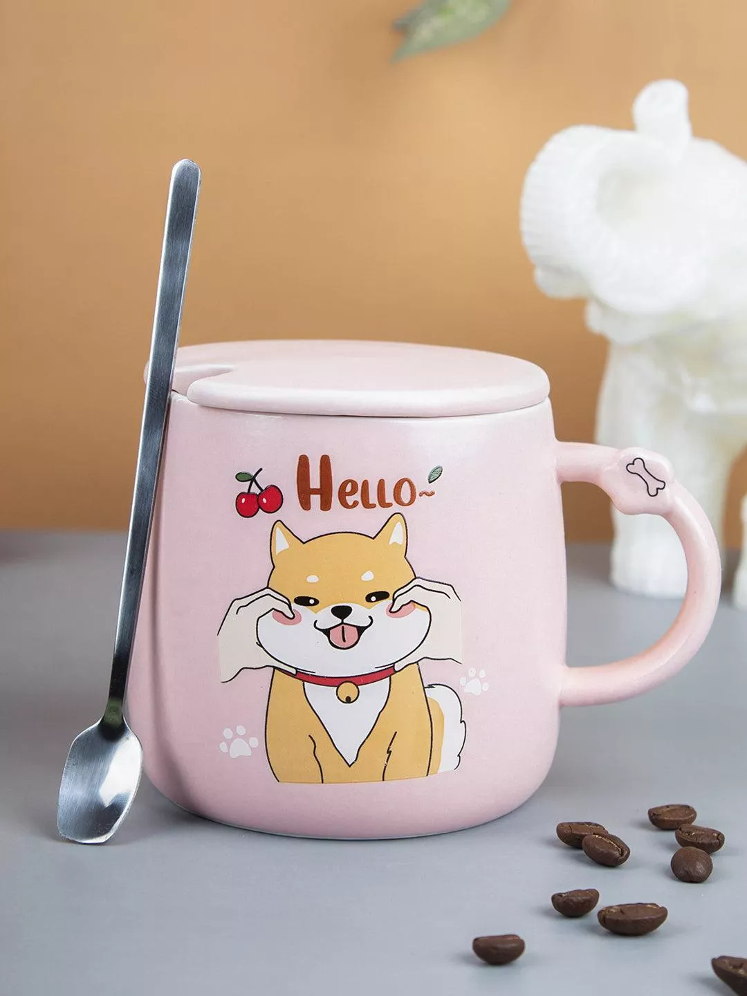 ‘HELLO’ Coffee Mug With Lid – Pink, Cat, 420 Ml