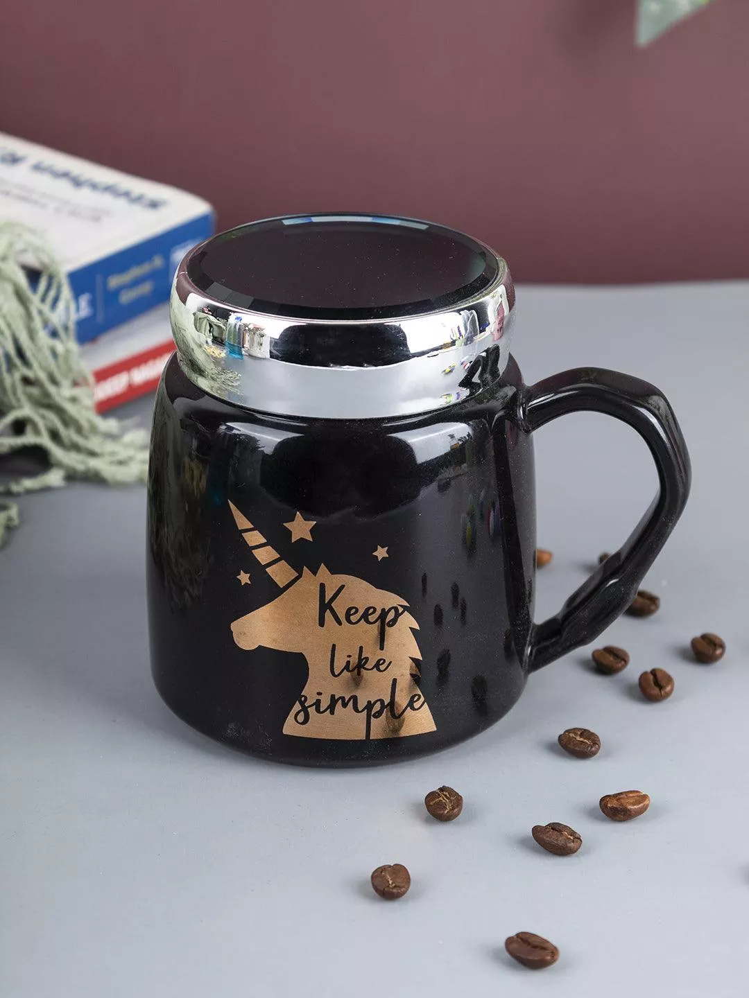 ‘Keep Like Simple’ Coffee Mug With Lid – Black, 360Ml