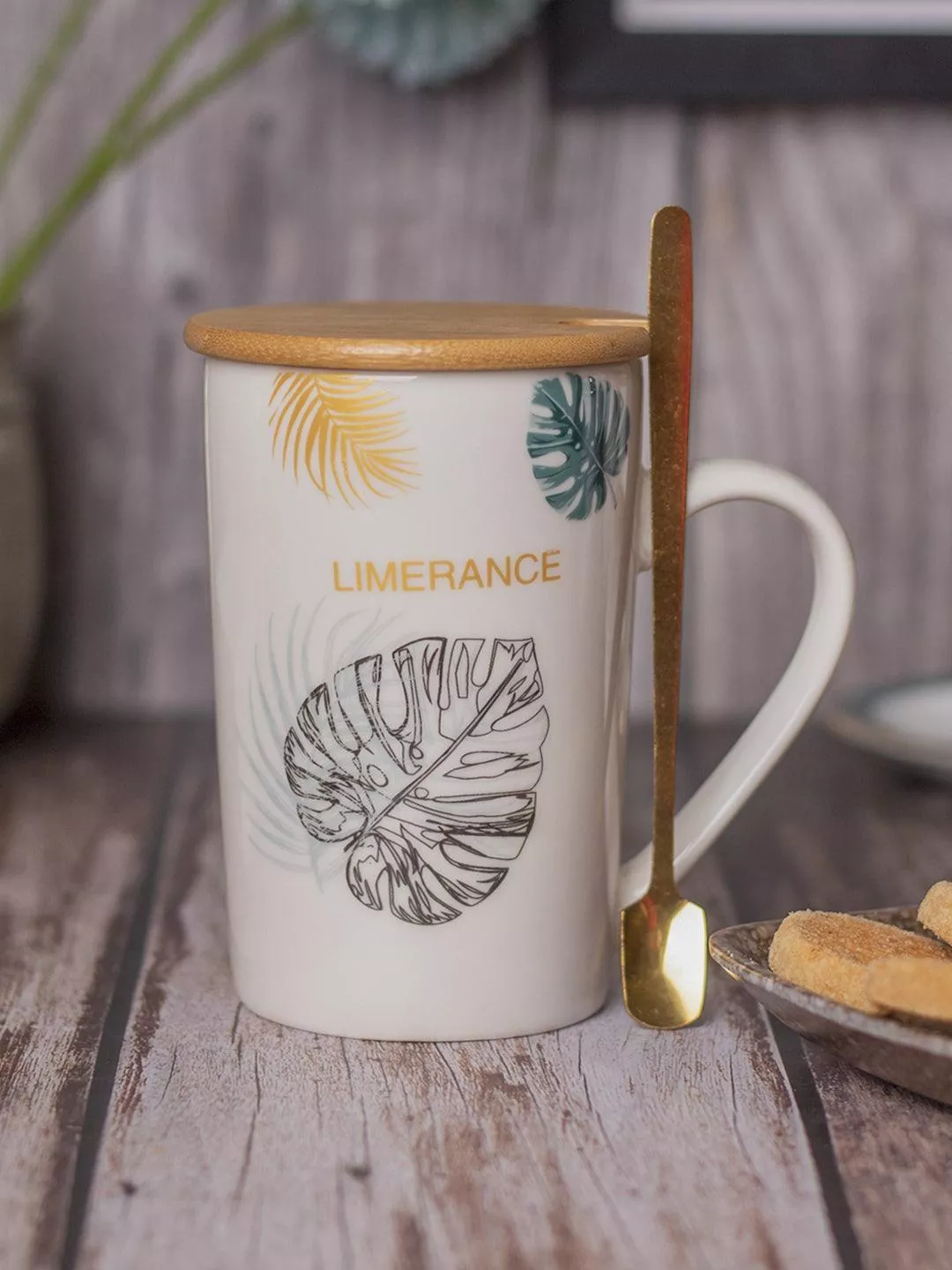 LIMERANCE' Coffee Mug With Wooden Lid and Spoon - White, 450mL