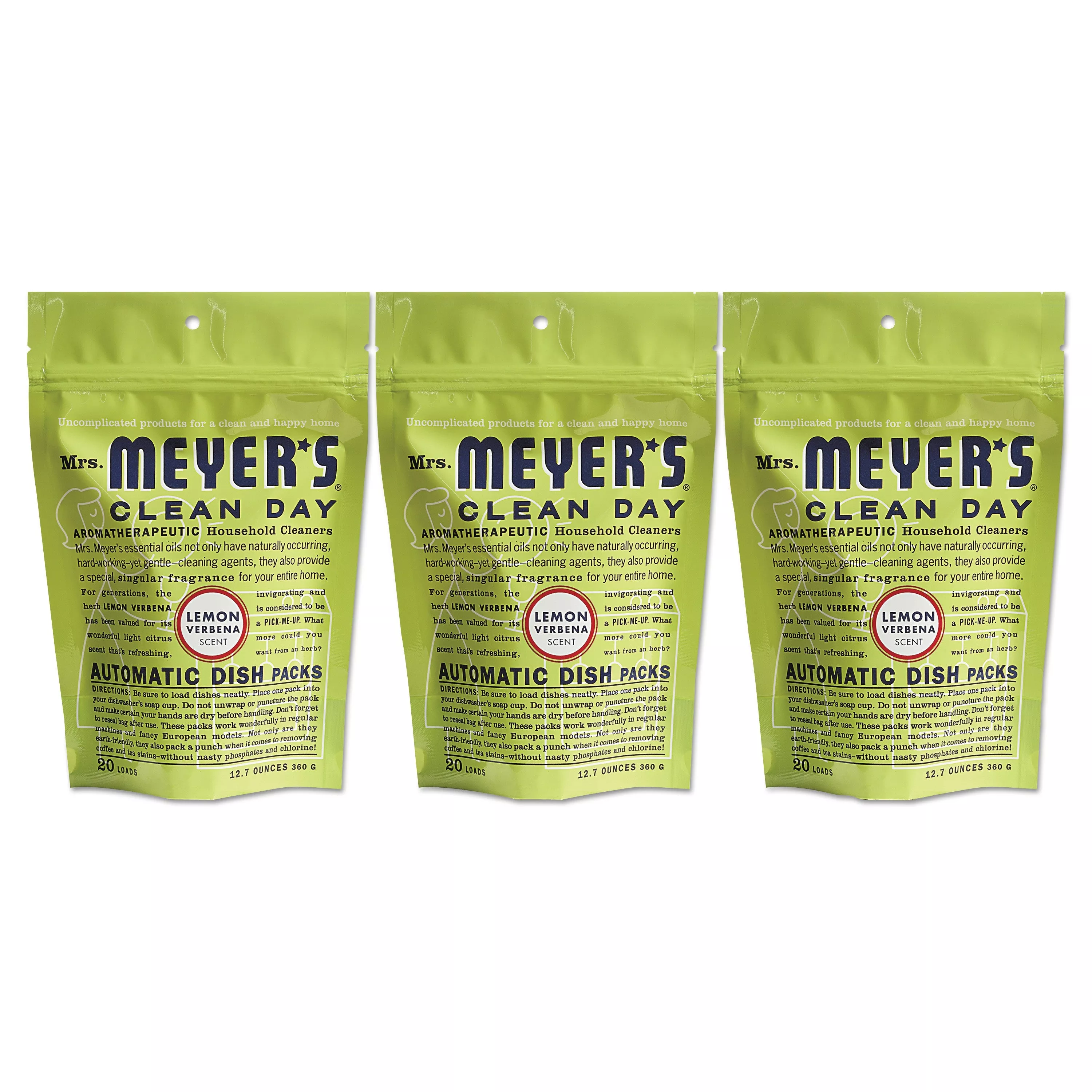Mrs. Meyer's Automatic Dish Detergent, Lemon, 12.7 oz Pack, 20/Pack, 6/Carton