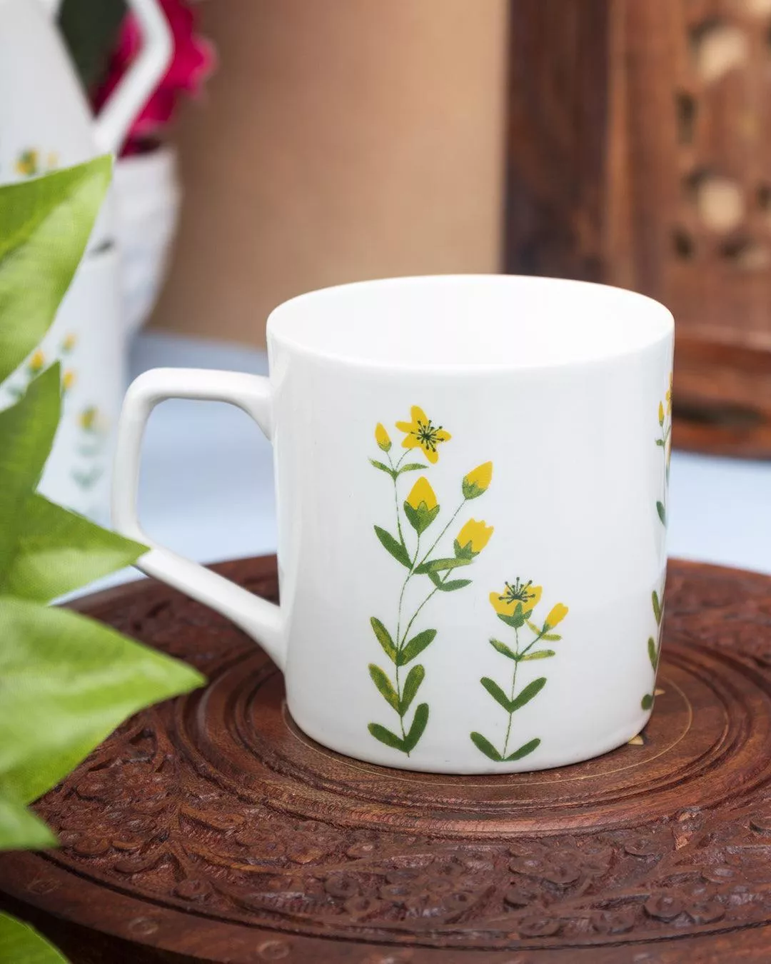 ‘Mustard’ Drinkware Glossy Ceramic Coffee Mug ( White & Floral Plant, Set Of 6, 230 mL)