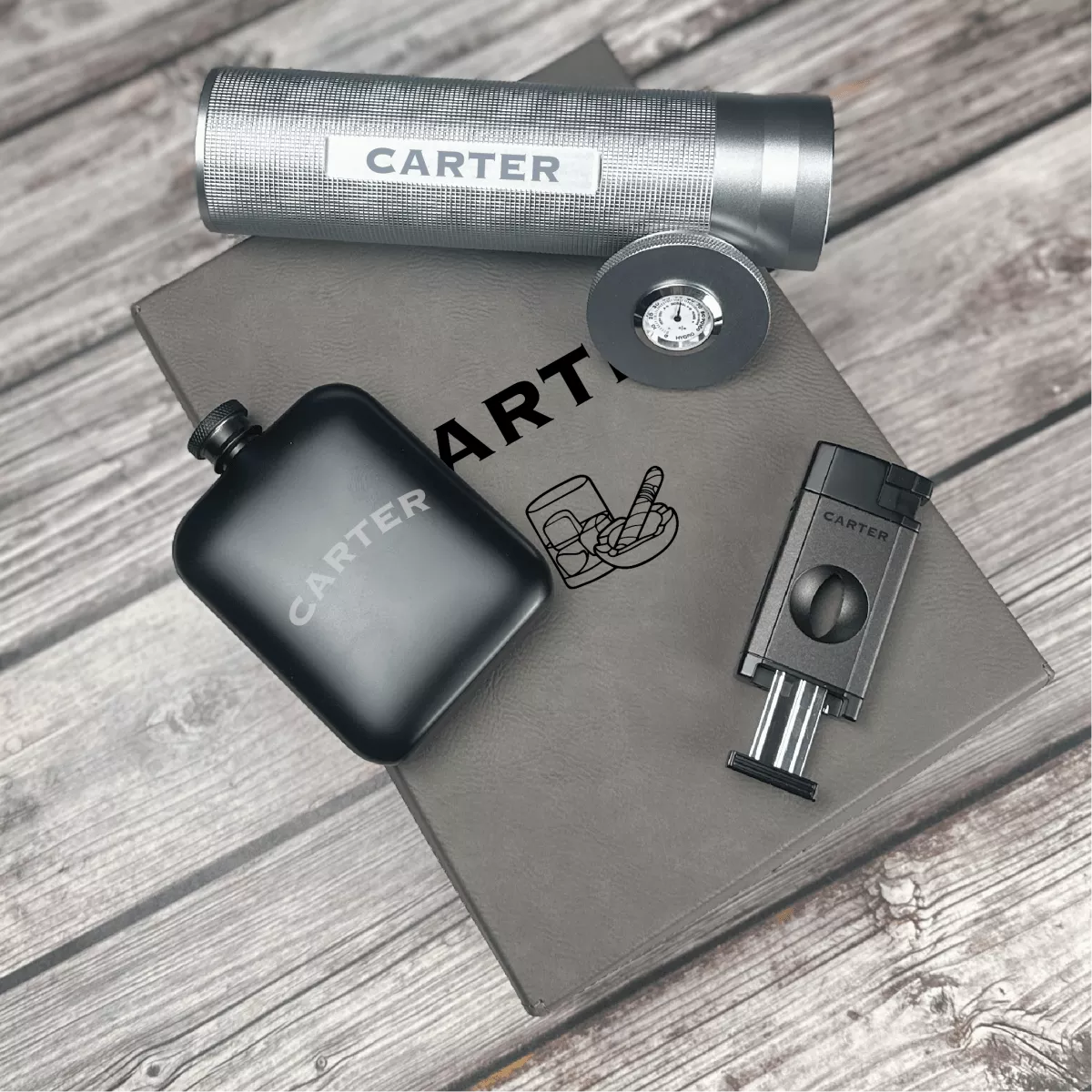 Personalized Cigar Gift Set with Travel Humidor, Flask & Lighter