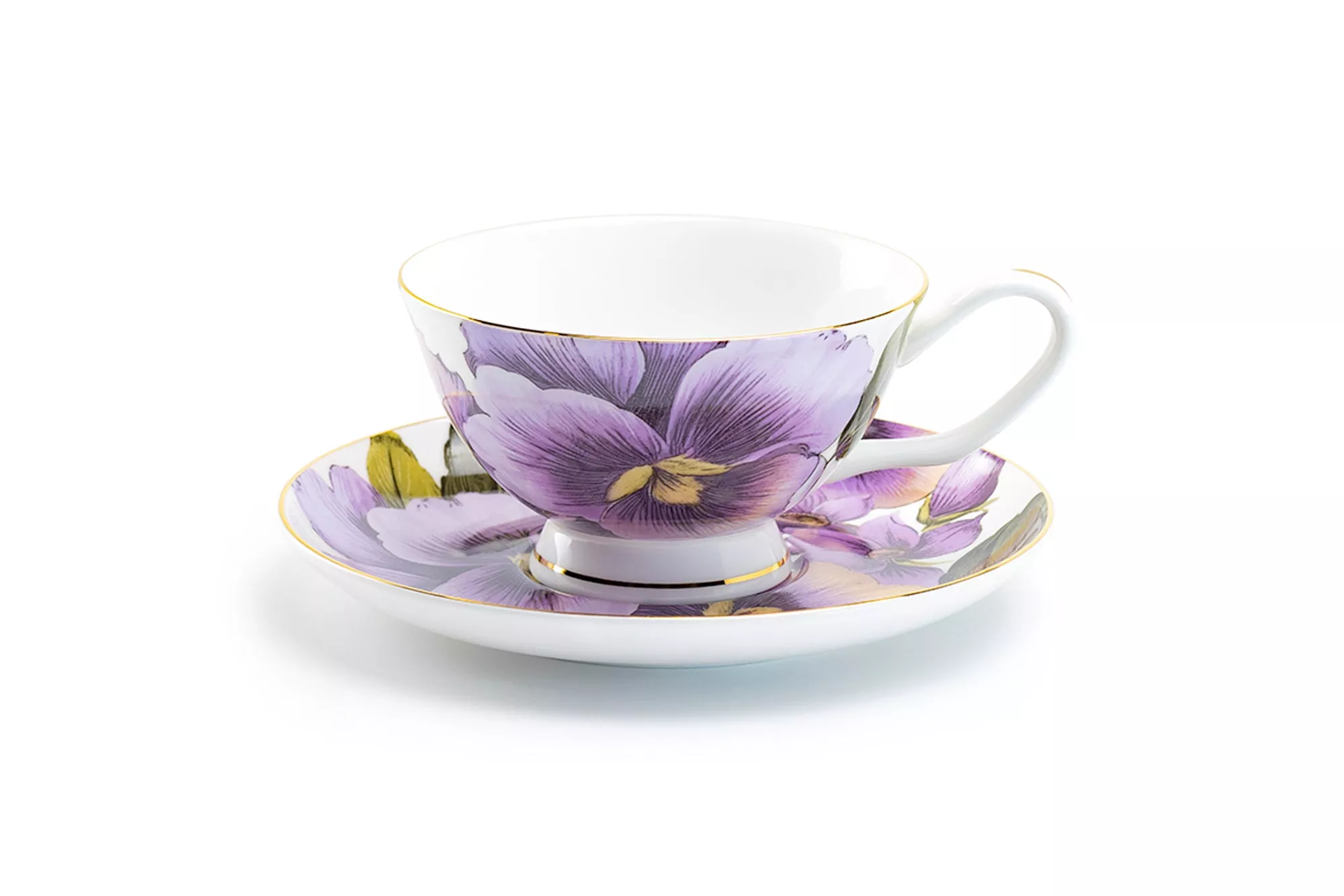 Purple Gold Pansy Bone China Tea Cup and Saucer