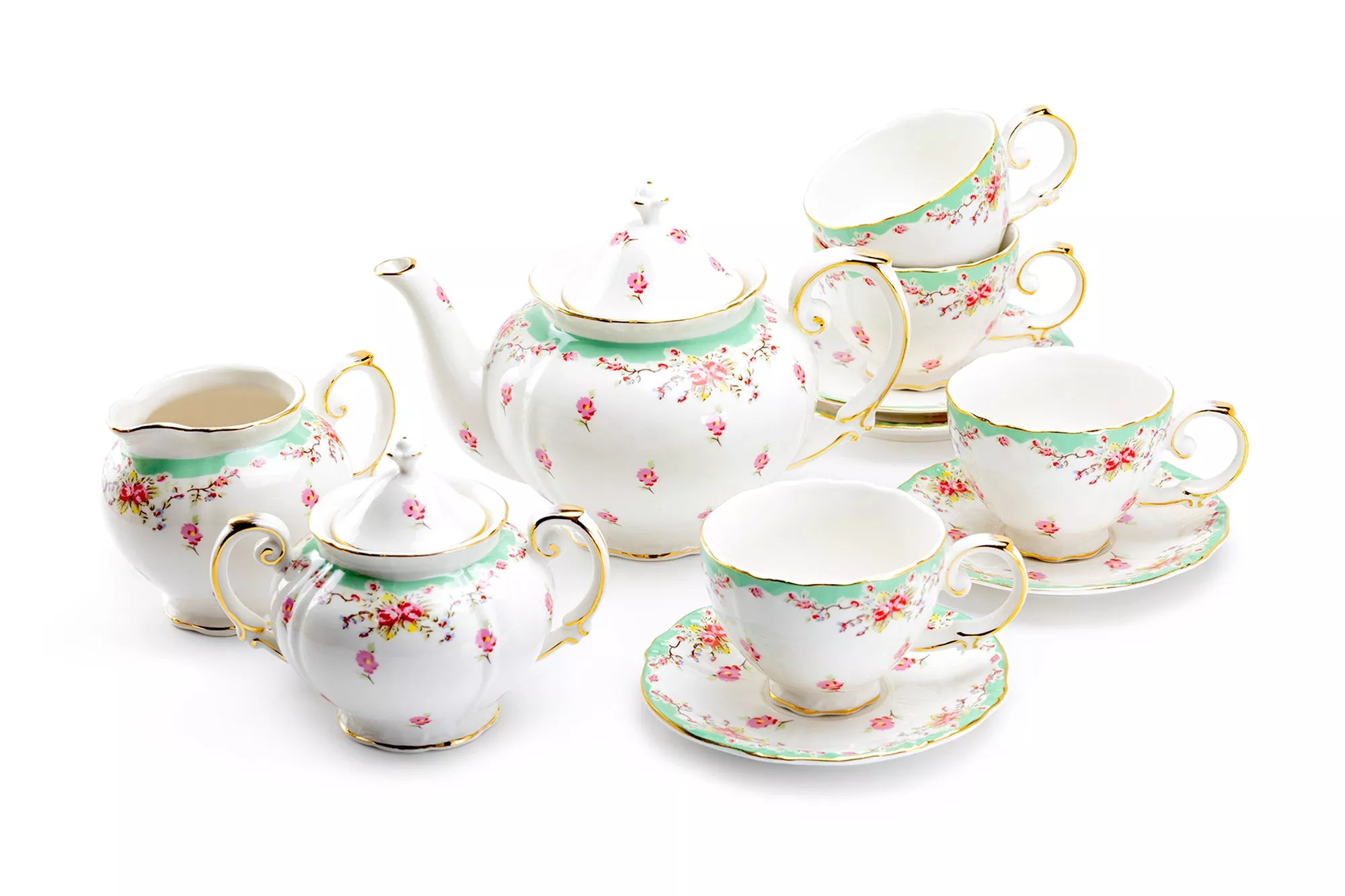 Rose with Green Accent Fine Porcelain 11-Piece Tea Set