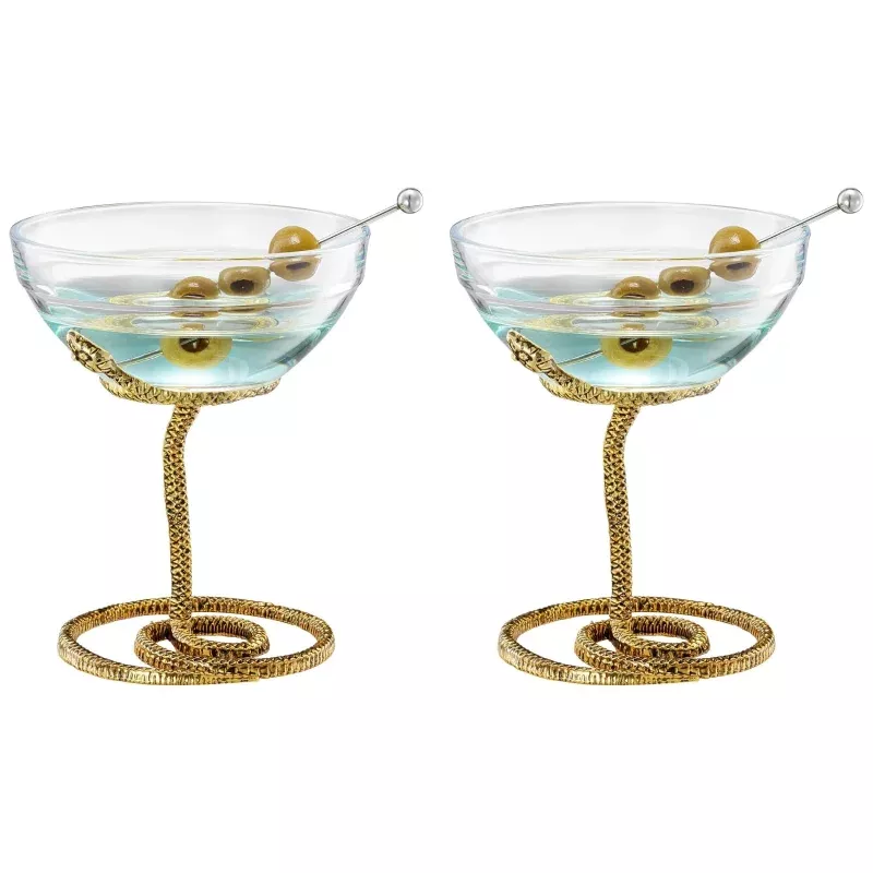 Snake Serpent Cocktail Glasses 2 Set Gold Design Unique Reptile Inspired Barware Themed Parties Goth