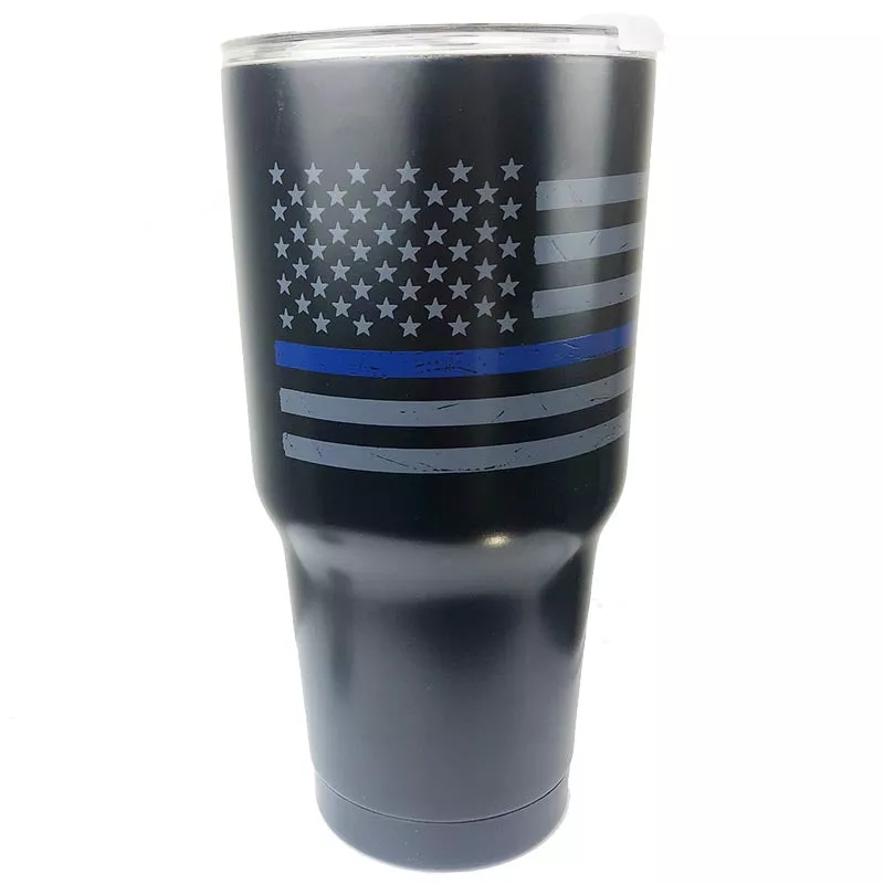 Thin Blue Line Distressed American Flag Insulated Mug, 30 oz