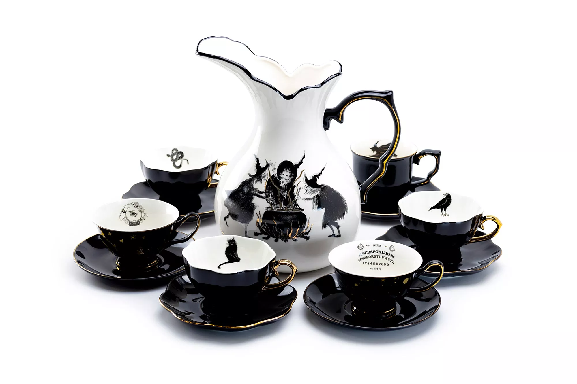 Witches Brew Pitcher + 6 Assorted Halloween Tea Cup and Saucer Sets - Ver. A